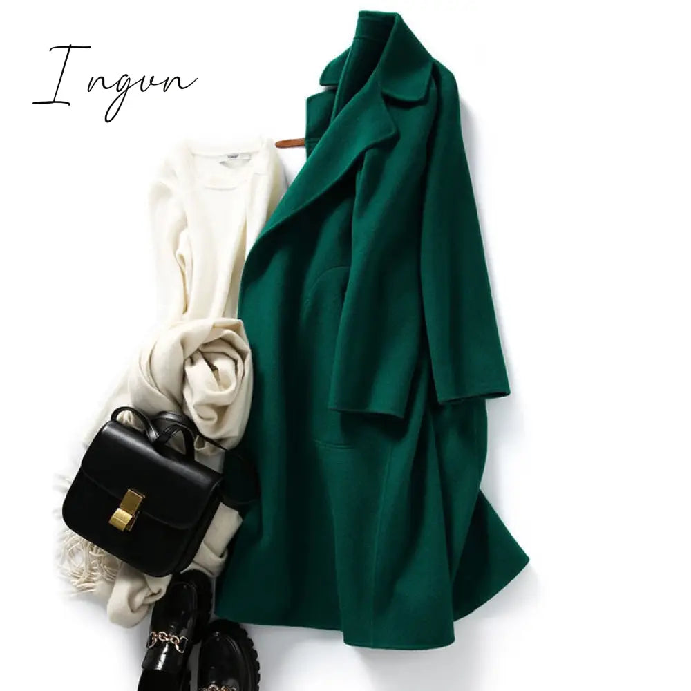 Ingvn - Women Elegant Retro Wool Coat with Belt Winter Warm Overcoat Outwear Plus Size Female Korean High Quality Green Blends Coat