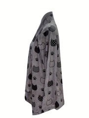 Vibrant Halloween Cat Print Long Sleeve Open Front Cardigan - Soft Mid-Elastic Polyester Knit Fabric, V-Neck, Casual Style, Perfect for Spring, Summer, and Fall - Womens Fashion Outerwear