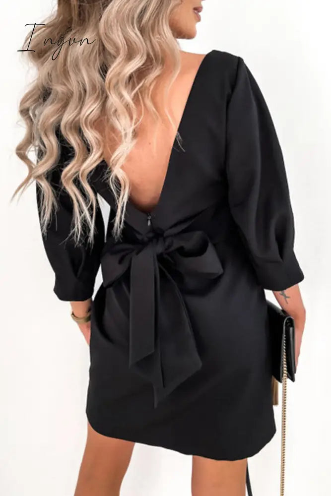 Ingvn - Elegant Solid With Bow Zipper O Neck Pencil Skirt Dresses