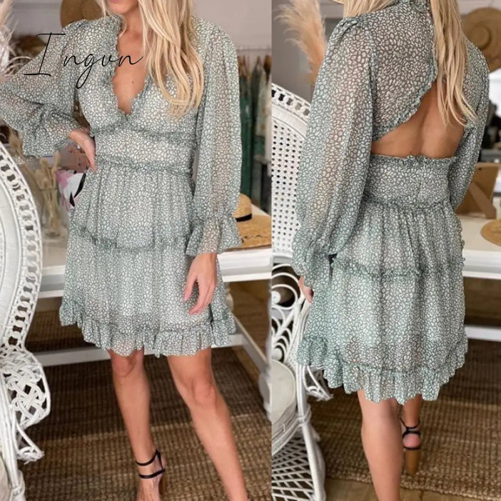 Ingvn - Harlow Floral Print Ruffle Dress women backless V-neck dress women mini summer dress ladies party dress