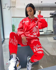 Ingvn - Trends Women Tracksuit 2 Piece Set Autumn Letter Print Oversized Hoodies Sweatshirt Joggers Pants Suit Sweatpants Outfits Matching Set