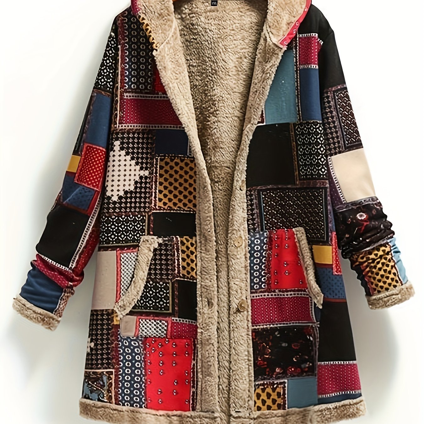 Retro Patchwork Hooded Jacket, Long Sleeve Button Up Casual Lightweight Outerwear For Fall & Winter, Women's Clothing