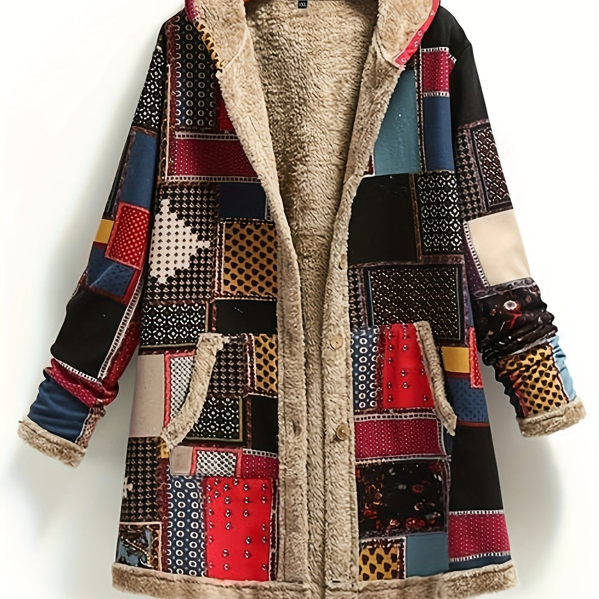 Retro Patchwork Hooded Jacket, Long Sleeve Button Up Casual Lightweight Outerwear For Fall & Winter, Women's Clothing