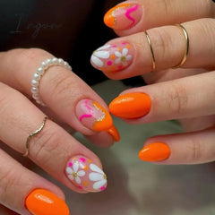 24pcs Short Almond False Nails Flower Pattern Oval Fake Nails Press on Nails Full Cover Wearable Manicure Acrylic Nail Tips