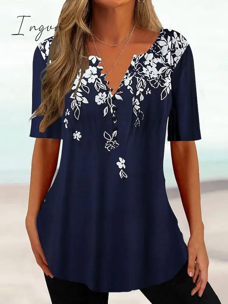 Ingvn - Women's T shirt Tee Black White Navy Blue Floral Button Print Short Sleeve Holiday Weekend Tunic Basic Round Neck Regular Floral Painting S