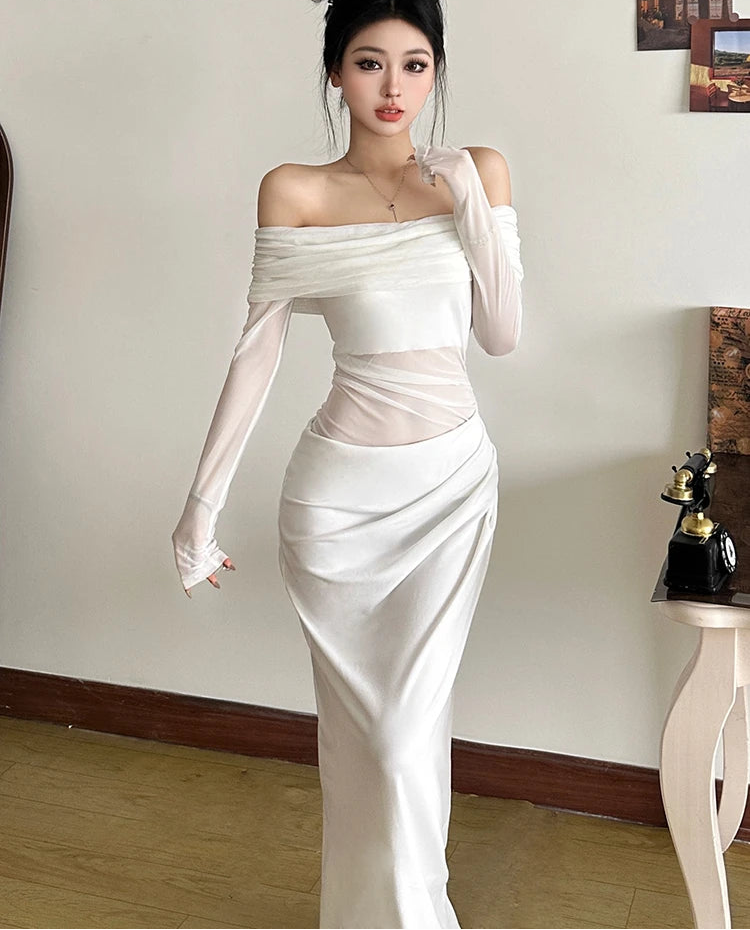 Mesh Ruched Women Maxi Dress Sexy See Through Off Shoulder Long Sleeve Sheath Vestidos Female Midnight Party Solid Robe