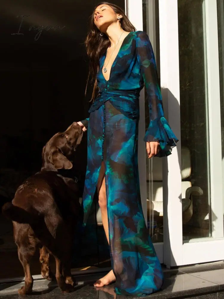 Ingvn - Chiffon Print Maxi Dress Women V Neck Flare Sleeve With Belt High Split Dresses Female Loose Sexy Beach Holiday Dress