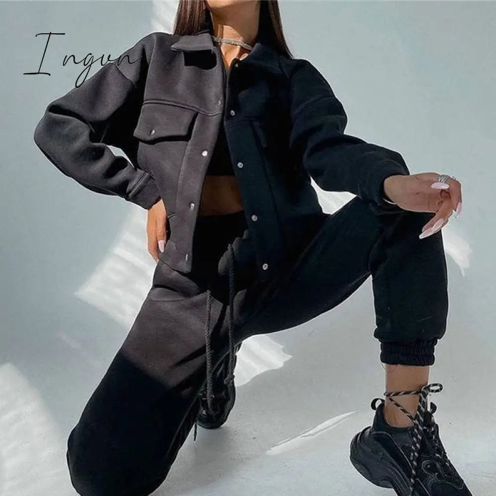 Ingvn - Women Casual Two Piece Sets Autumn Winter Fashion Female Warm Suits Turn-Down Collar Jacket And Drawstring Trouser Tracksuits