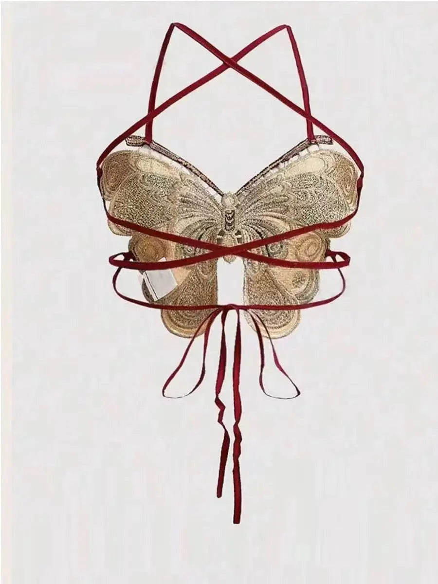 Women's Butterfly Embroidered Top Backless Adjustable Navel Baring Sexy Cropped TopSleeveless Camisole Sexy Daily Y2K Top