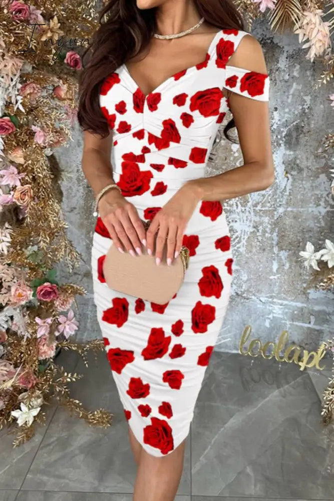 Ingvn - Casual Print Fold V Neck Short Sleeve Dress Dresses