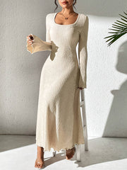 Elegant Women's Solid Color Dress with Bell Sleeves and Square Neckline - High Stretch, Machine Washable, Perfect for All Seasons