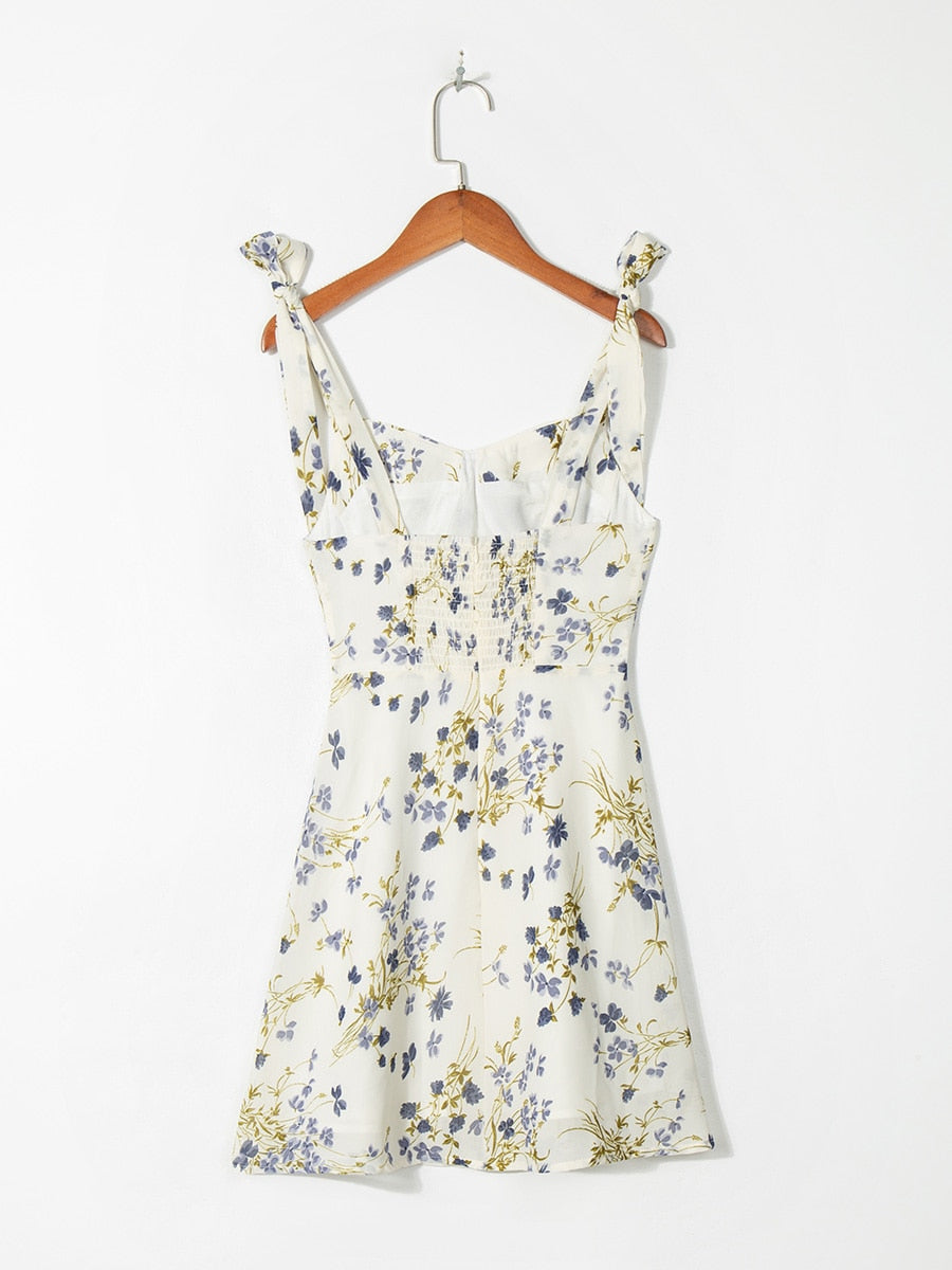 Summer Dress Women Floral Print Mini Dress Sweetheart Neck Sleeveless Spaghetti Strap Tie Beach Dress Vacation Sundress