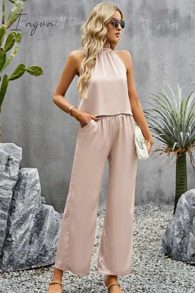 Ingvn - Grecian Neck Sleeveless Pocketed Top and Pants Set