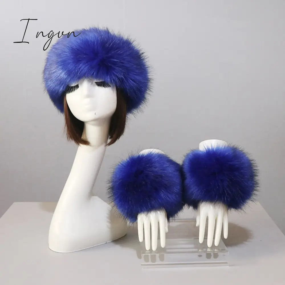 Ingvn - New Autumn Winter Caps Female Hats Cuffs Set Fashion Warmth Imitation Quality Design Faux Fur Hat Fox Fur Sleeves Suit Accessary
