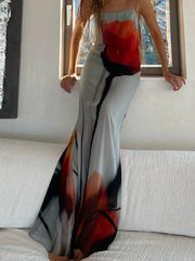 Sexy Mesh Print Sheer High Slit Women's Dress Sheer Slim Strapless Female Dress Party Street Vestidos  New