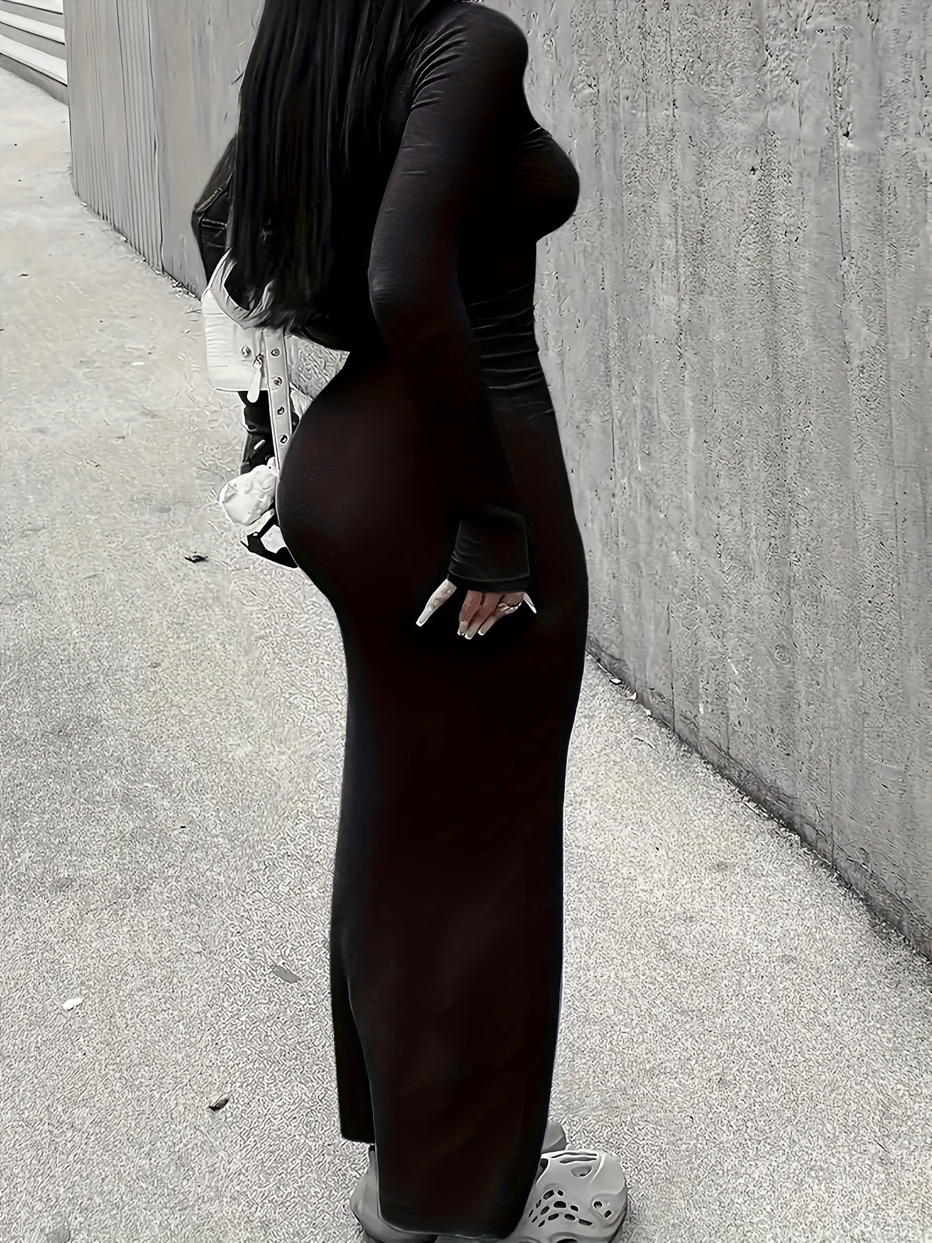 Chic Squared Neck Maxi Dress - Figure-Sculpting Long Sleeve Bodycon - Versatile Solid Color Casual Style - Womens Fashion Must-Have