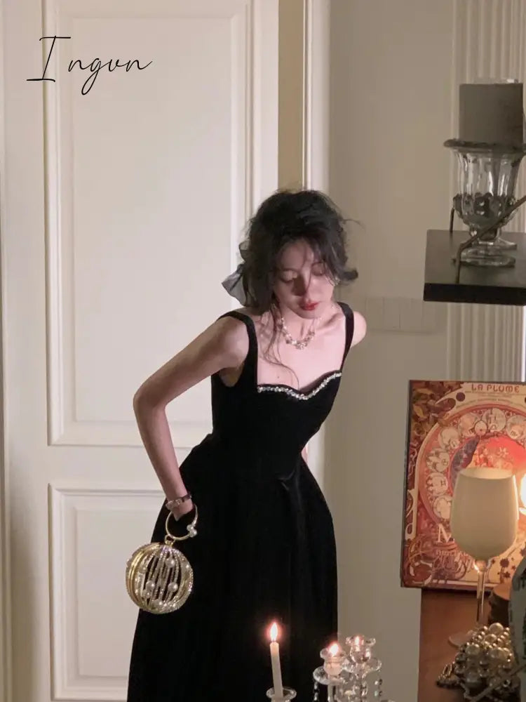 Ingvn - Summer New Elegant Spaghetti Strap Velvet Vintage Black Dress Women Sexy Prom Evening Party Fashion Clothing