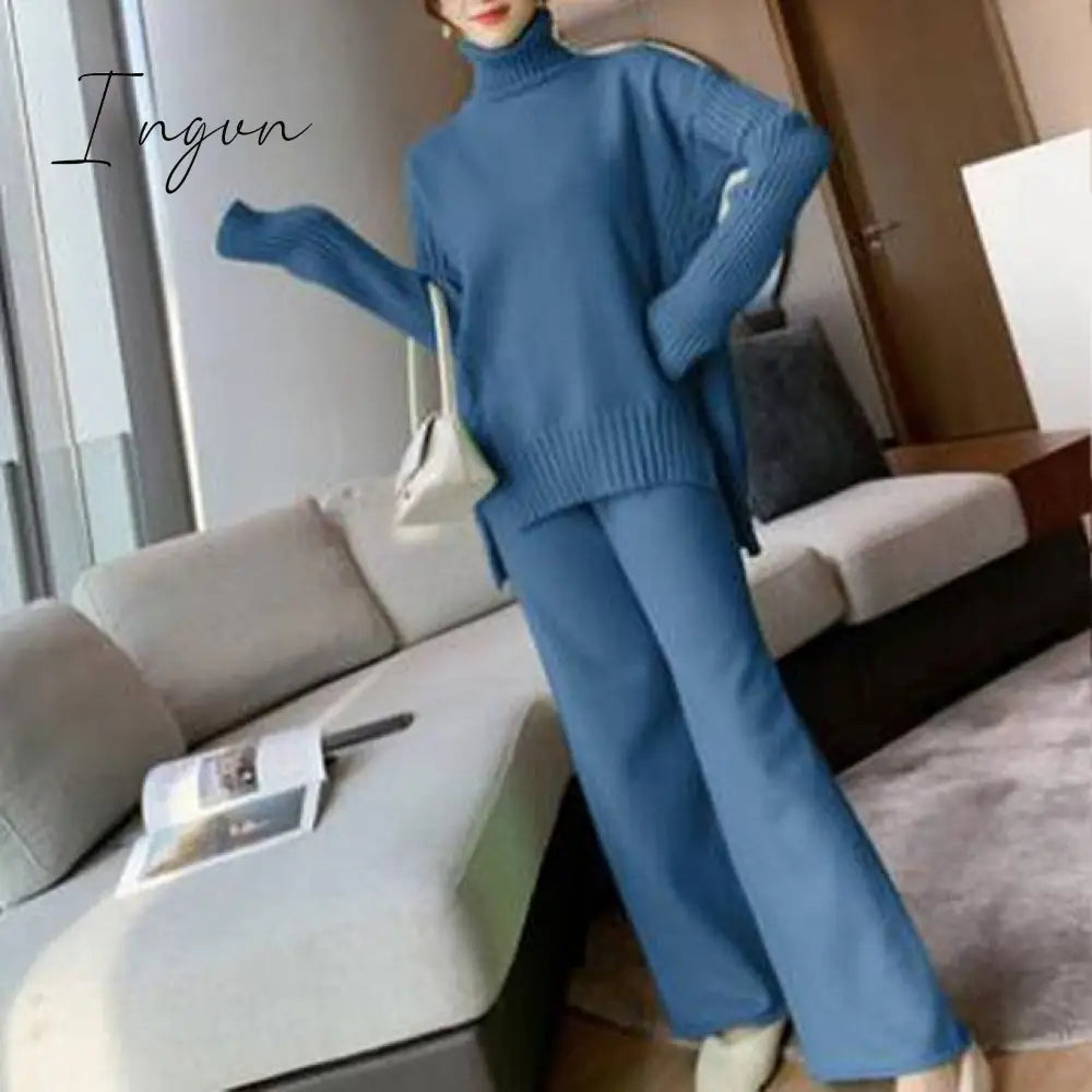 Ingvn - sweater set women tracksuit spring autumn knitted suits 2 piece set warm turtleneck sweater pullovers wide legs pants