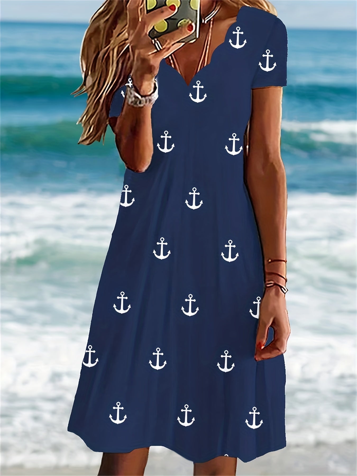Plus Size Midi Fit and Flare Dress - V Neck Ruffle Neck Short Sleeve with Slight Stretch - Summer Casual Anchor Print Floral Trim Polyester Knit Fabric