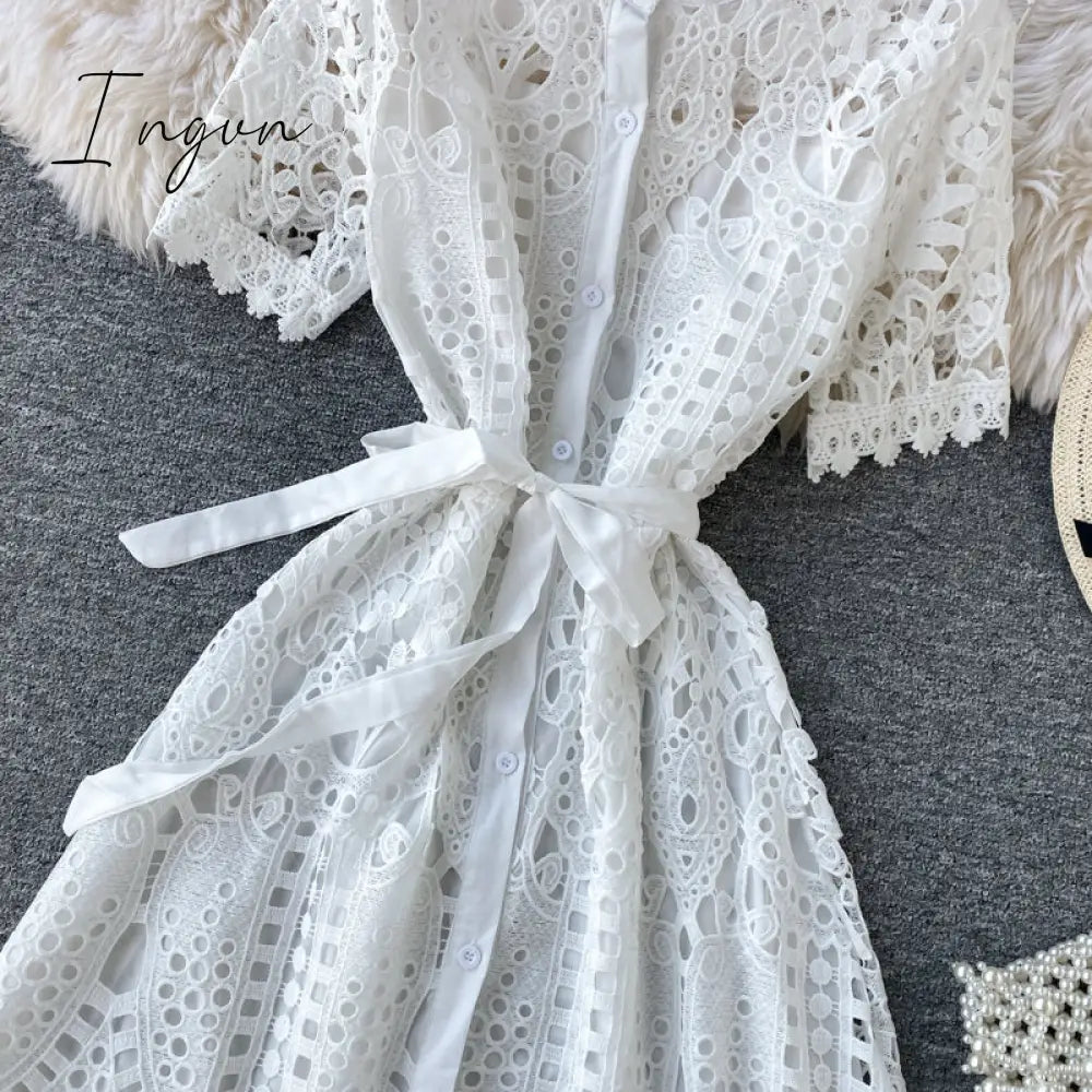 Ingvn - Women Elegant Hollow Out Lace Dress Office Lady Summer Solid O-Neck Button up Sashes Midi Dress Female Chic Short Sleeve Dress