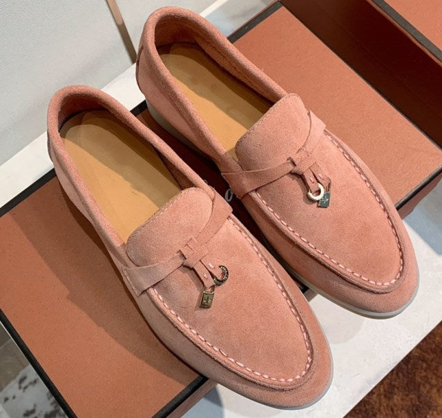 Trend New Kidsuede Women Flat Shoes Lazy Slip-on Metal Loafers Lady Casual Walk Shoes Woman Single Shoes Summer Real Leather