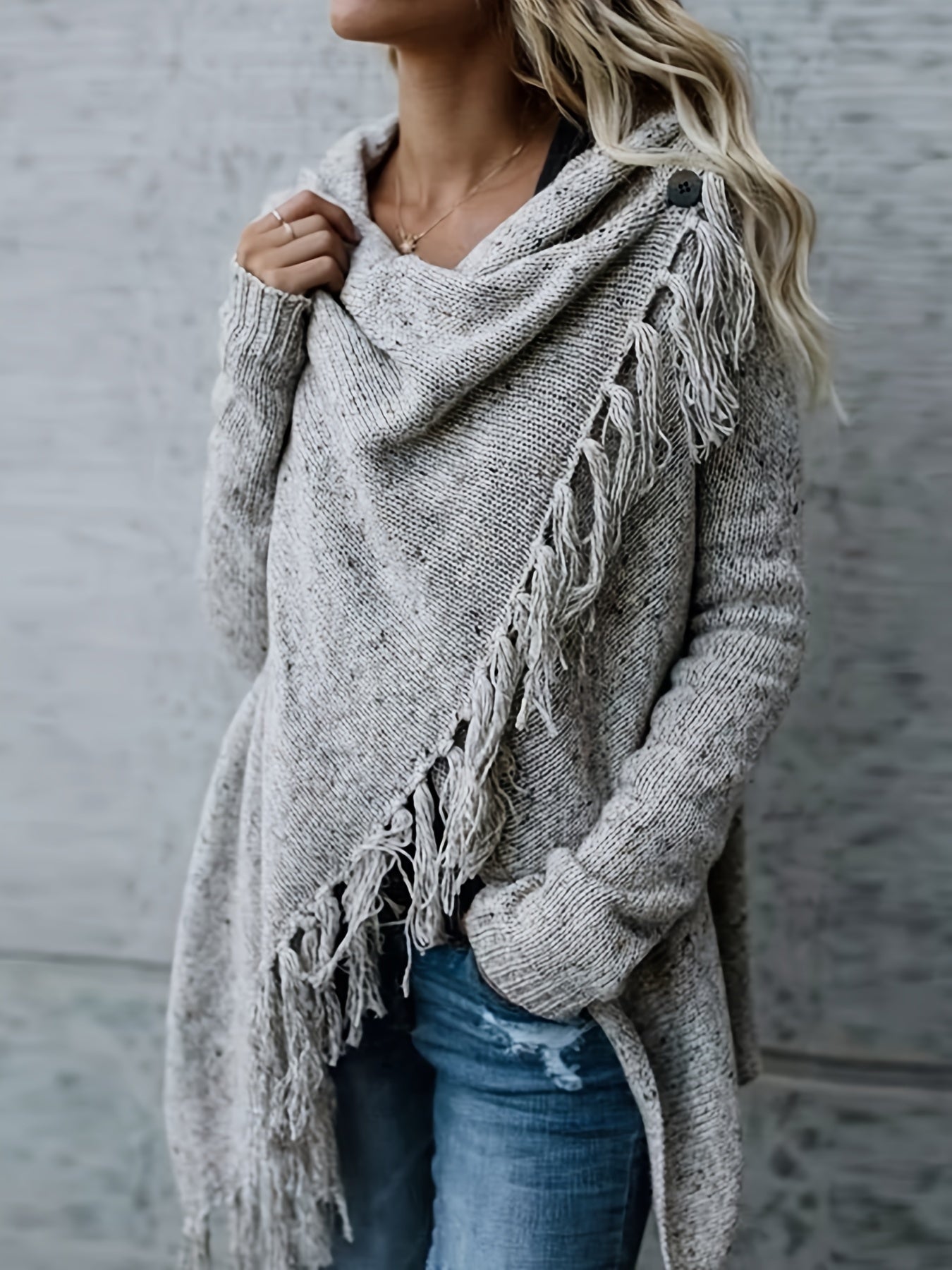 Stylish Fringe Hem Poncho Cardigan - Women's Elegant Long Sleeve Cross Hem Cardigan for Fall & Winter - Soft, Cozy, and Versatile Winter Wear with Button Front and Chic Design