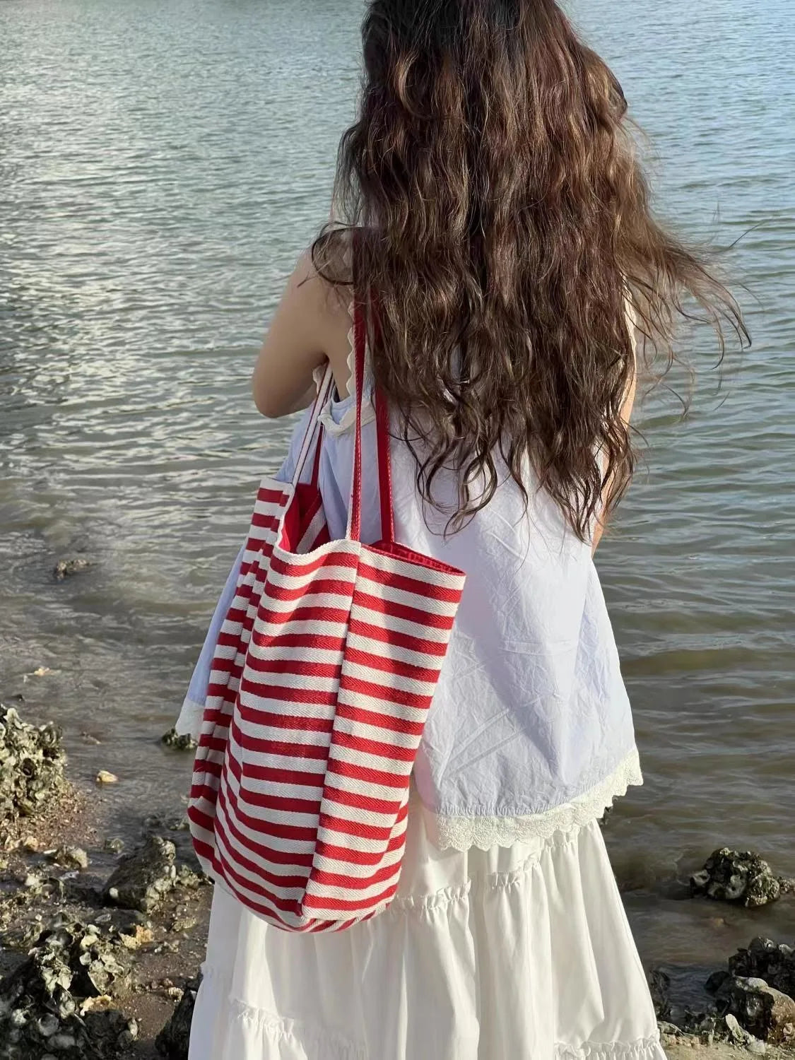 Ingvn  Korean Striped Double-sided Canvas Bag Summer New Niche Design Large Capacity Student Tote Bags