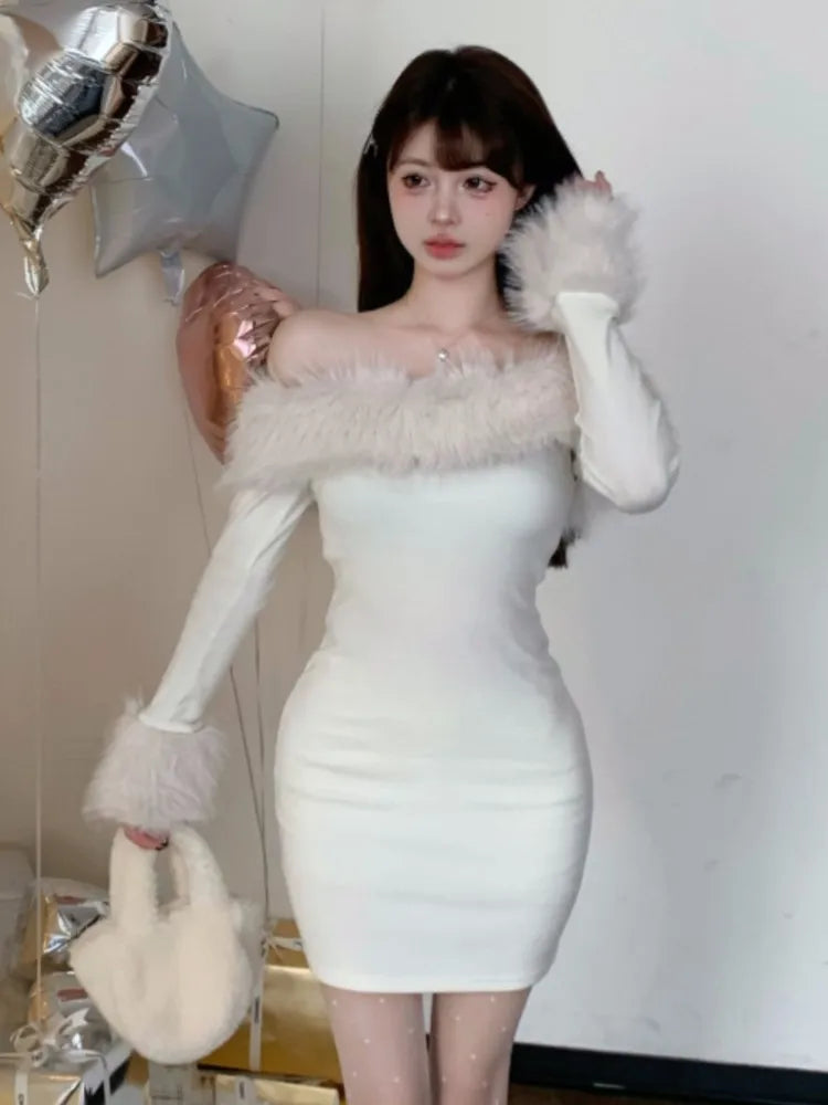Y2K Sweet Mini Dress Kawaii Off Shoulder Slash Neck Faux Collar Christmas Birthday Party Dresses Slim Vestidos Female Clothing