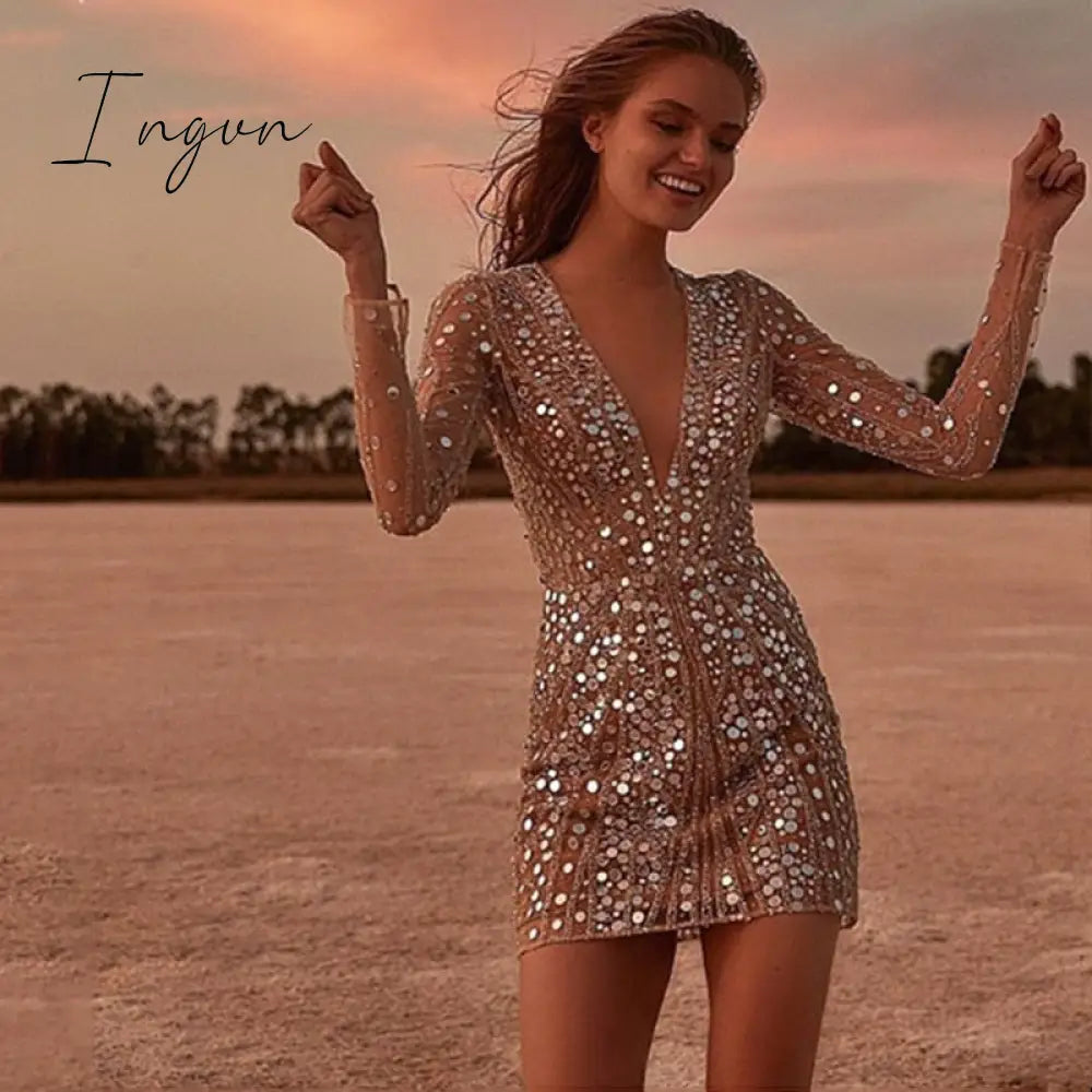 Ingvn - Party Dresses For Women 2023 Bodycon Lady Deep-V  Slim Elegant Long-Sleeved Sequin Dress Women's Club Rave Gold Night