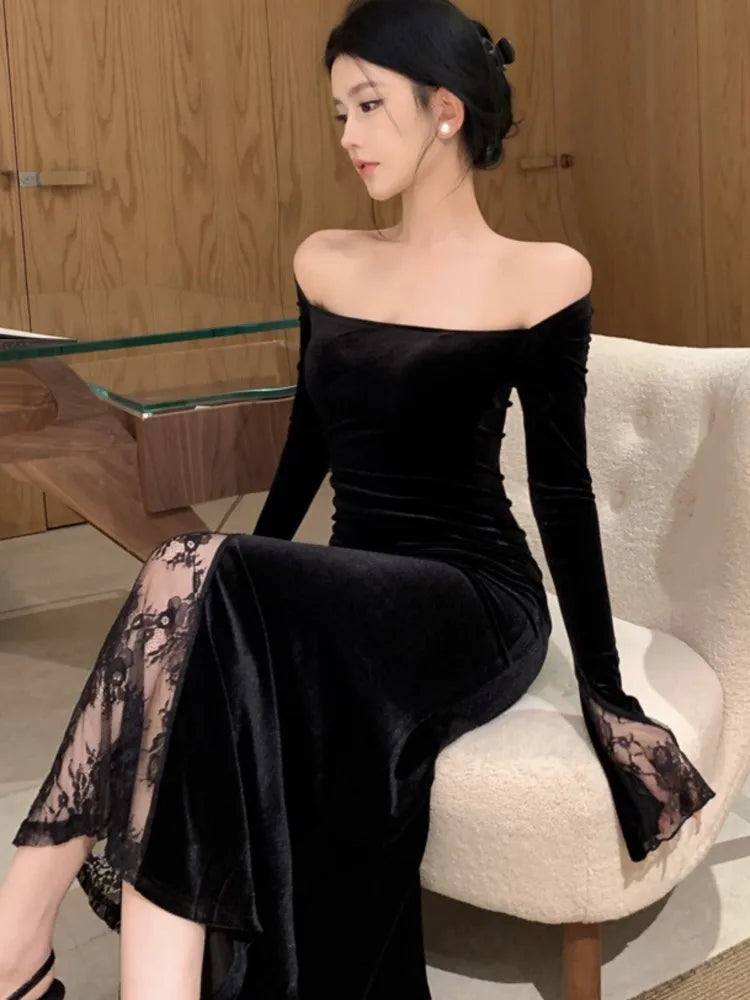 Women's Sexy Black Velvet Dress Elegant Chic Off Shoulder Lace Split Evening Party Dresses Autumn Female Bodycon Vestidos Mujer