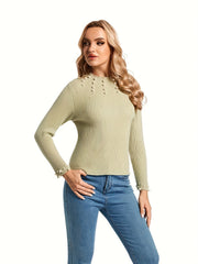 Stylish Beaded Mock Neck Sweater - Pullovers for Women - Long Sleeve, Casual, Fall and Winter Essential, Soft and Cozy Clothing with Decorative Accents