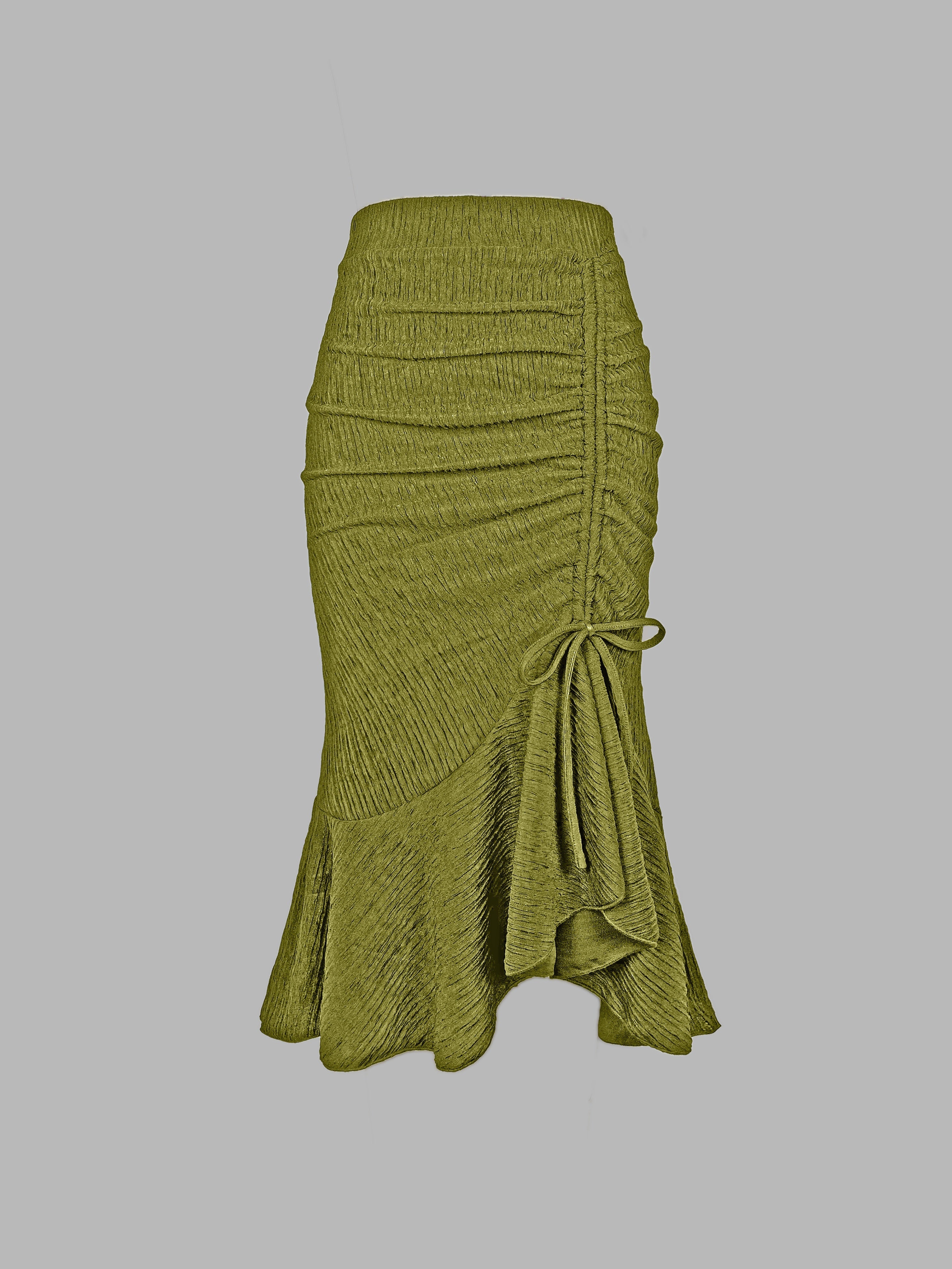 Solid Textured Drawstring Bodycon Skirt, Elegant High Waist Mermaid Hem Ruched Skirt, Women's Clothing