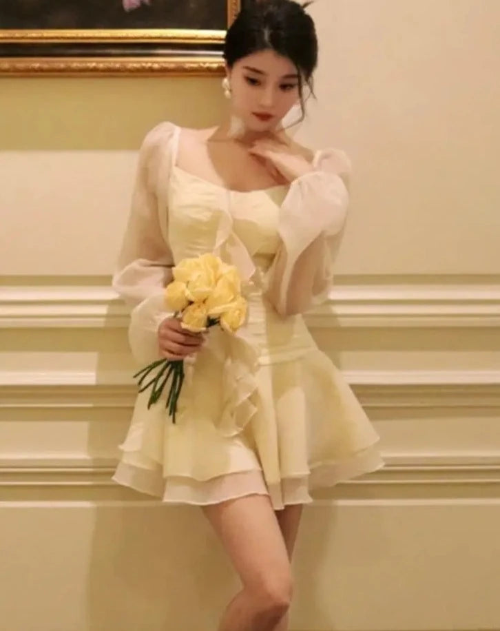 Women Spring Fashion Ruffles Mini Dress Elegant Casual Long Sleeve Birthday Evening Party Vestidos Summer Female One Pieces Robe