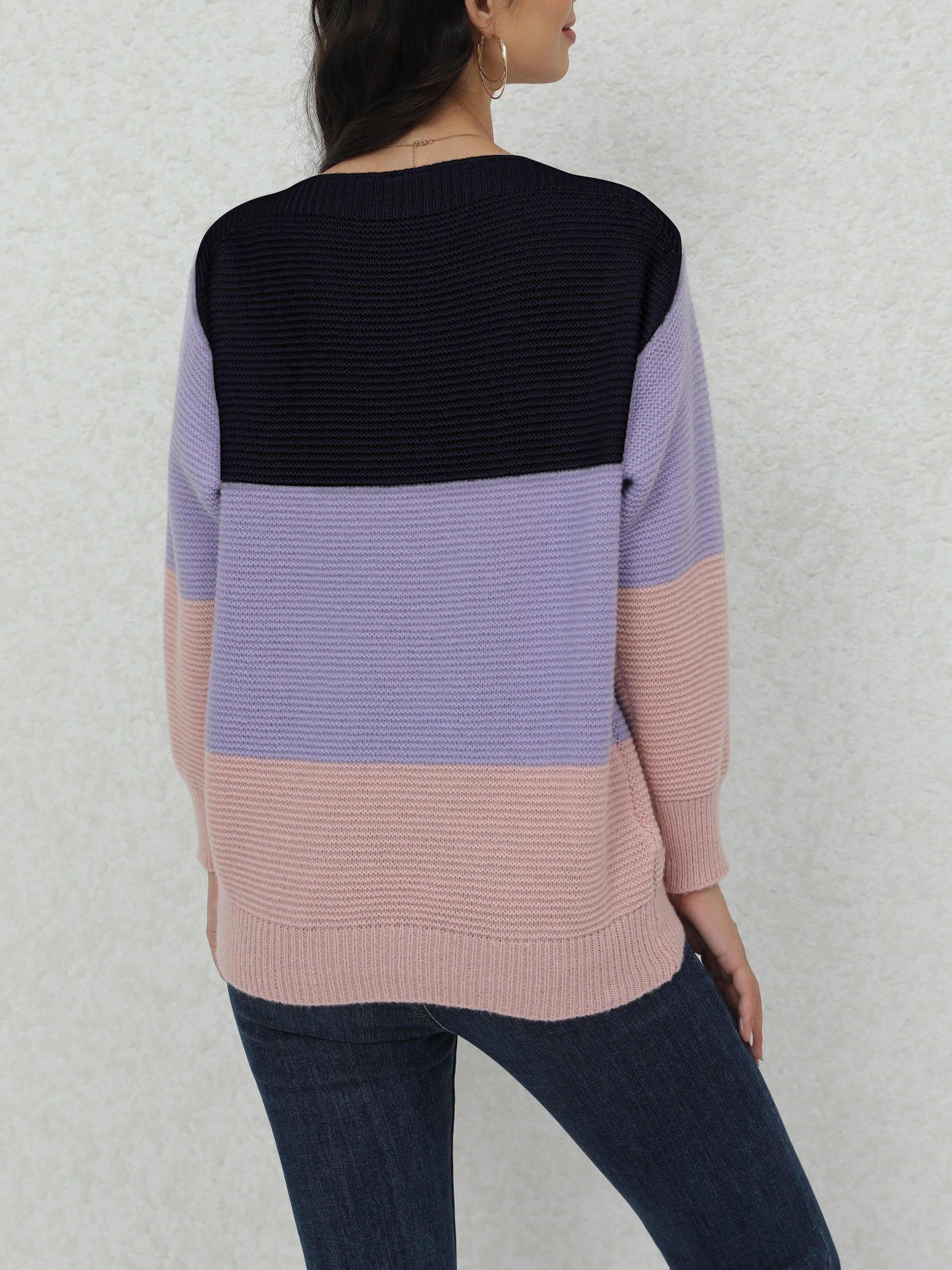 Color Block Boat Neck Pullover Sweater, Casual Long Sleeve Loose Sweater, Women's Clothing
