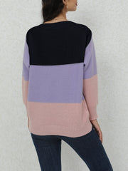 Color Block Boat Neck Pullover Sweater, Casual Long Sleeve Loose Sweater, Women's Clothing
