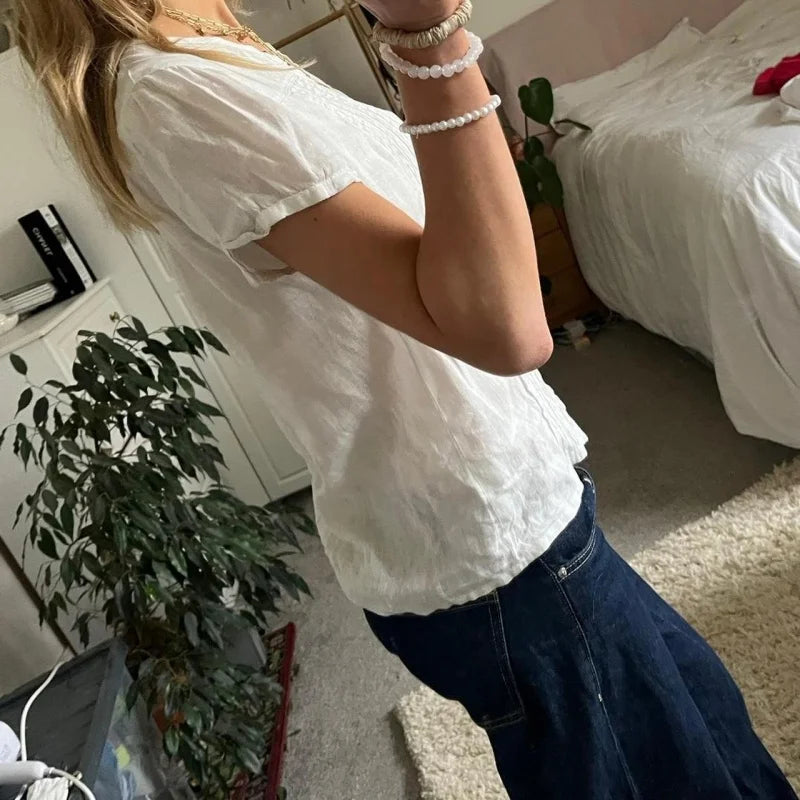 y2k Shirt Top Women Fairycore Clothes White V Neck Short Sleeve Button Down Pleated Blouse 2000s Aesthetic Clothing﻿