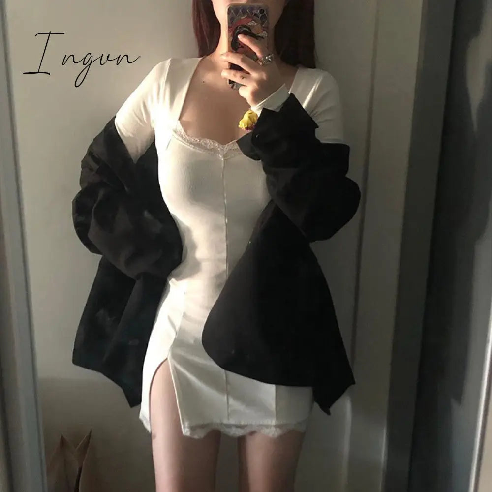 Ingvn - Women Winter Dress Women New Arrivals Sexy Long Sleeve Lace Split Black White Solid Party Dresses Vestidos