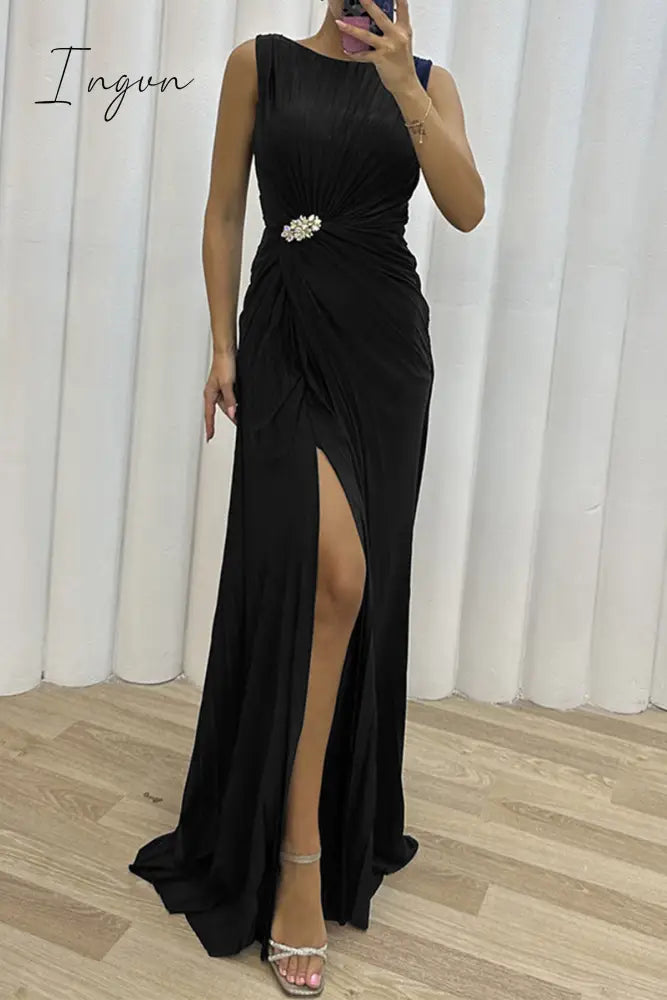 Ingvn - Elegant Formal Solid Slit Fold O Neck Evening Dress Dresses
