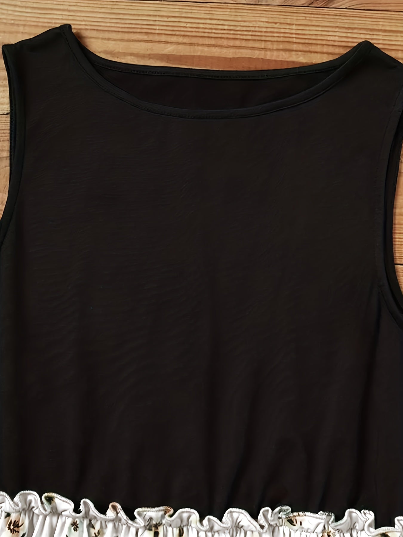 Boho Chic Floral Print Tank Dress - Color Block Crew Neck - Flowy Sleeveless for Summer - Fashionable Womens Clothing