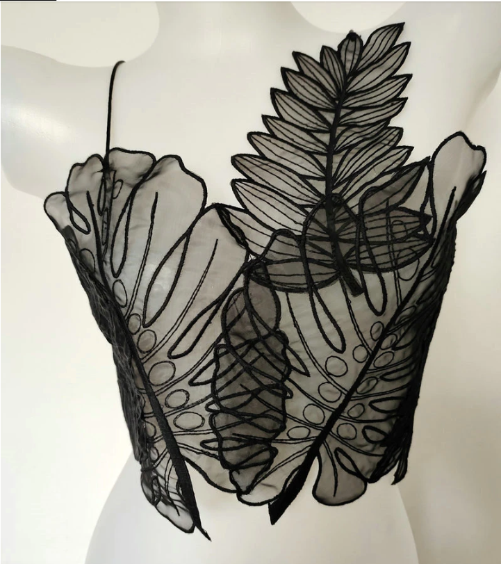 Voguable  Women Tank Top Green Transparent Outfit Camisole  Sexy Embroidered Tanks Organza Leaves Sexy Crop Top