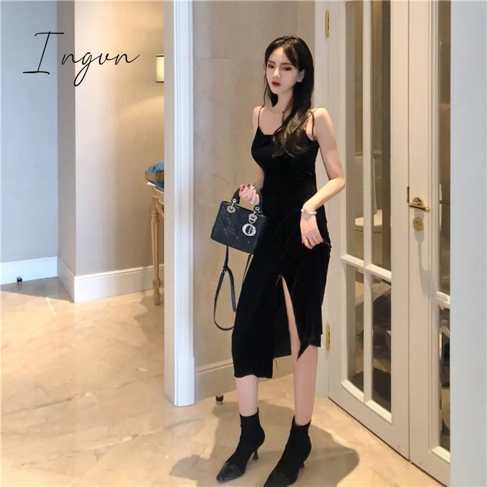 Ingvn - Brand New Women Dress Spaghetti Strap Slit Velvet Black Dress Sexy Bodycon bandage Dress Midi Party Dress Vestidos Verano
