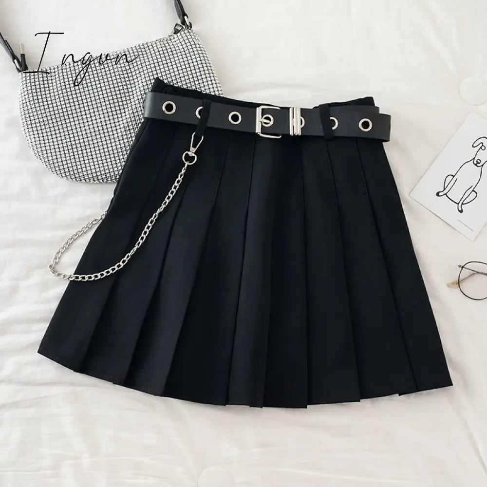Ingvn - Black Pleated Skirt With Chain-Belt Punk Rock Girl Cheerleading Belted Mini Skirt Alt Women e-girl Outfit