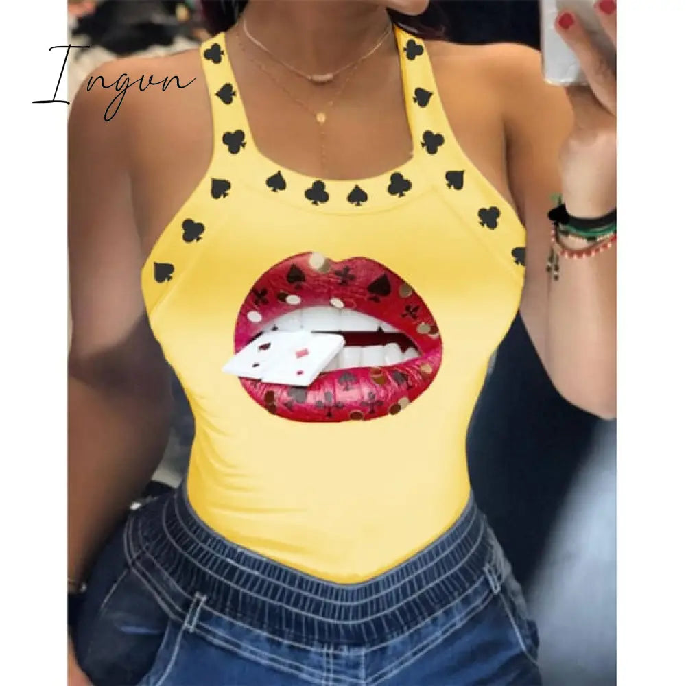 Ingvn - Tank Tops Women U Neck Letter Print Lips Vest Summer Ladies Harajuku Shirts Slim Fit Polyester Sleeveless Top Tshirts
