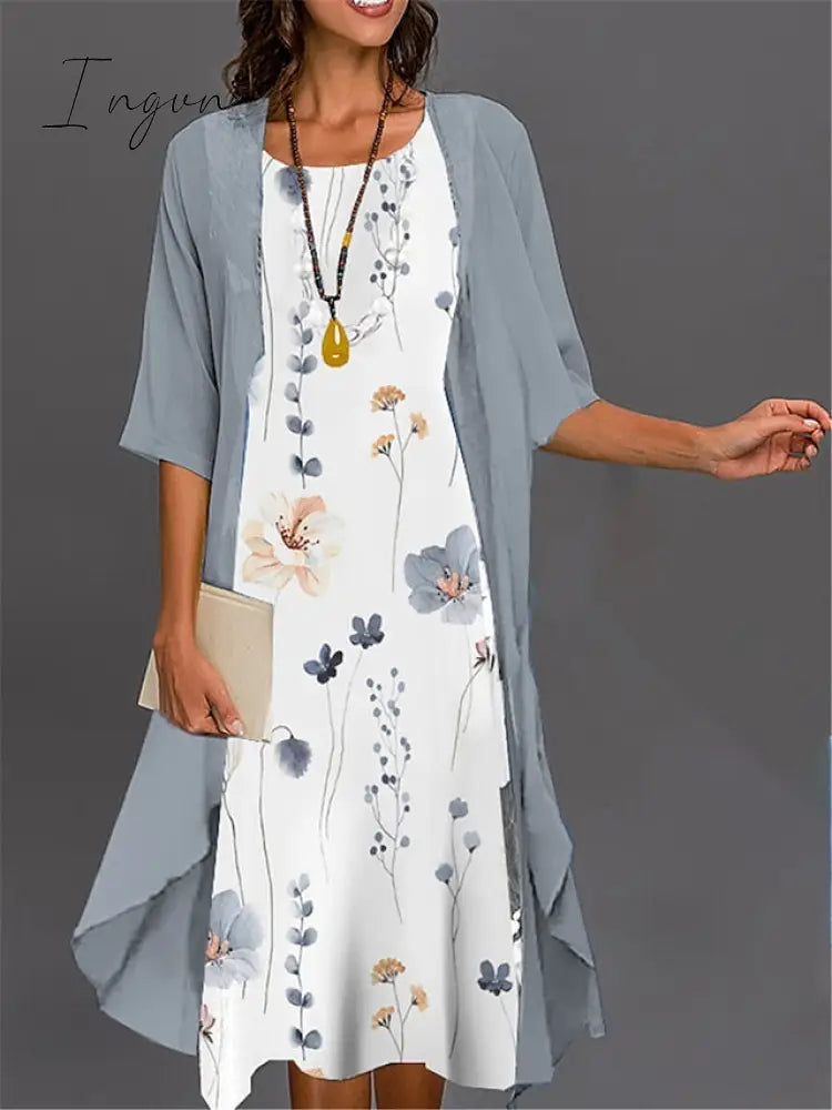 Ingvn - Women's Two Piece Dress Set Casual Dress Print Dress Outdoor Daily Fashion Elegant Print Midi Dress Crew Neck 3/4 Length Sleeve Floral Loose Fit Black White Pink Summer Spring S M L XL XXL