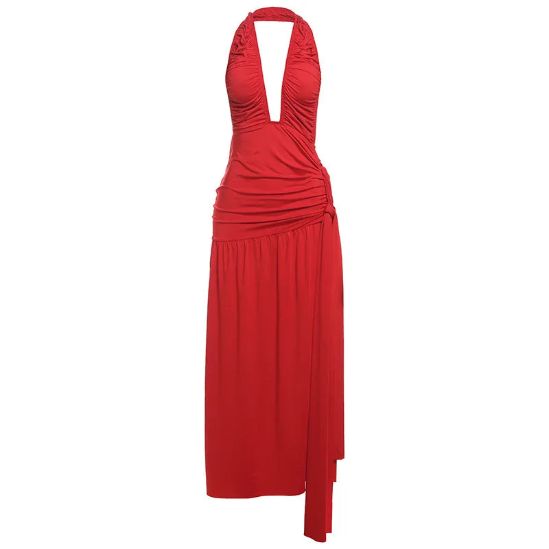 Halter Deep V Neck Sexy Maxi Dress For Women Gown Fashion Solid Sleeveless Backless Draped Ruched Bodycon Long Dress