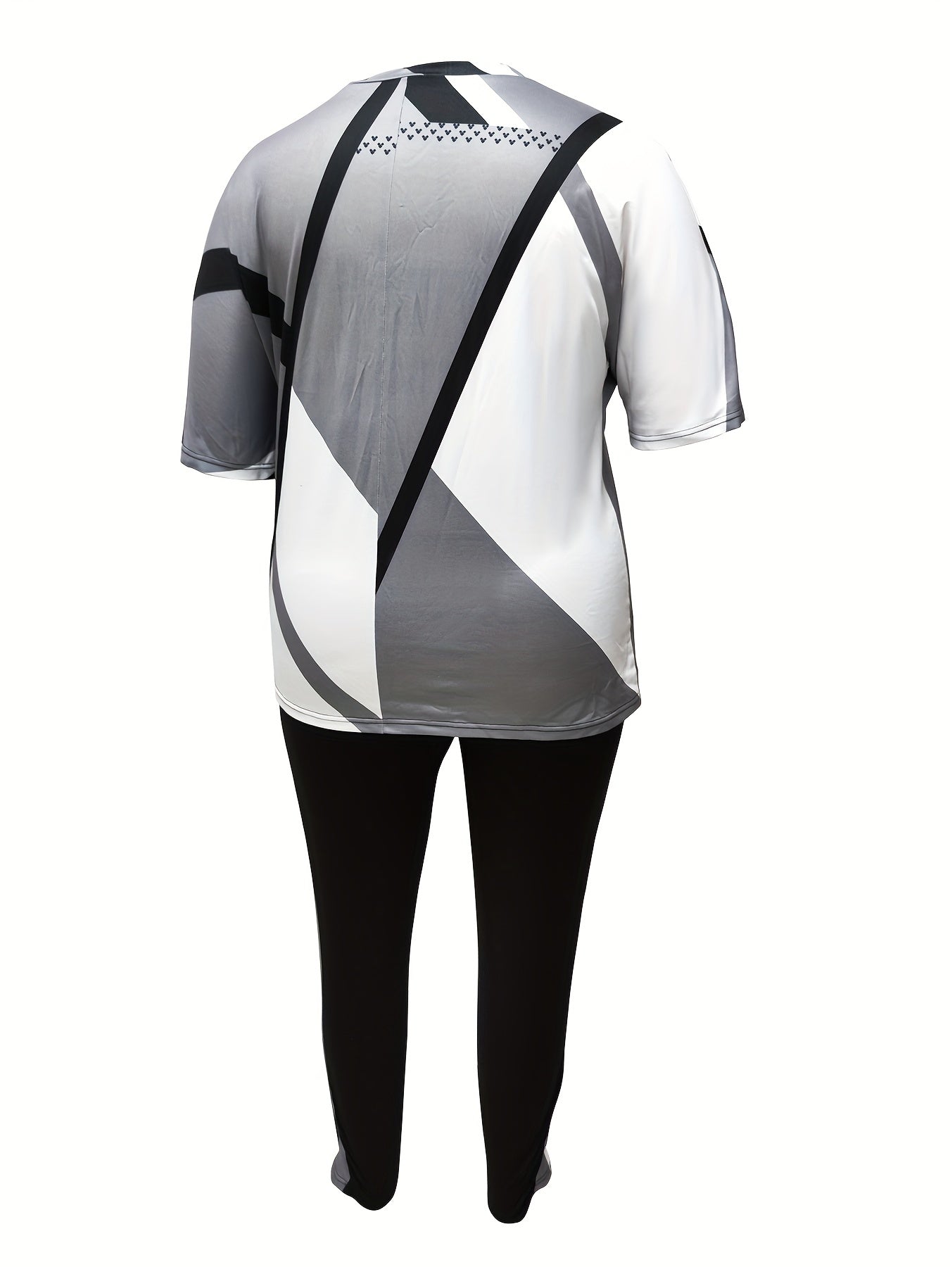 Plus Size Casual Outfits Set, Women's Plus Colorblock Geometric Print Long Sleeve Round Neck Top & Pants With Pockets Outfits 2 Piece Set