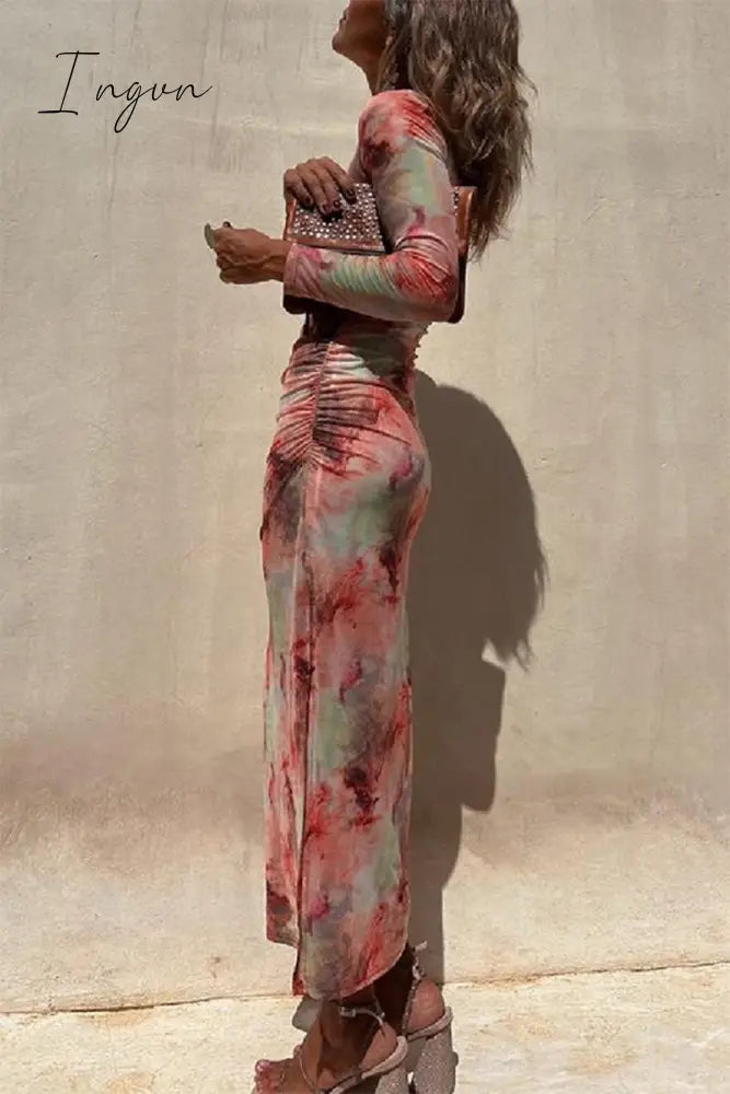 Ingvn - Casual Vintage Gradual Change Print See-through O Neck Long Sleeve Dresses