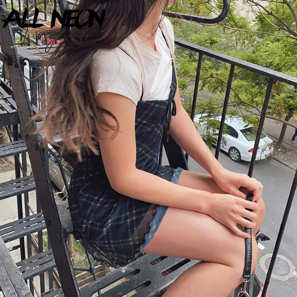 Ingvn - E-Girl 90s Spaghetti Strap Bandage Front Ruffles Plaid Dresses Vintage Mesh V-neck Backless A-line Mini Dress Partywear