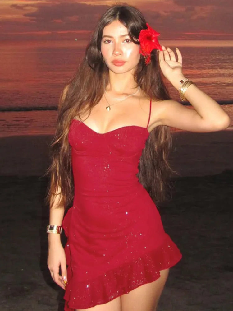 Spaghetti Strap Ruffled Sexy Mini Dress For Women Red Fashion Sleeveless Backless High Waist A-line Club Party Dress