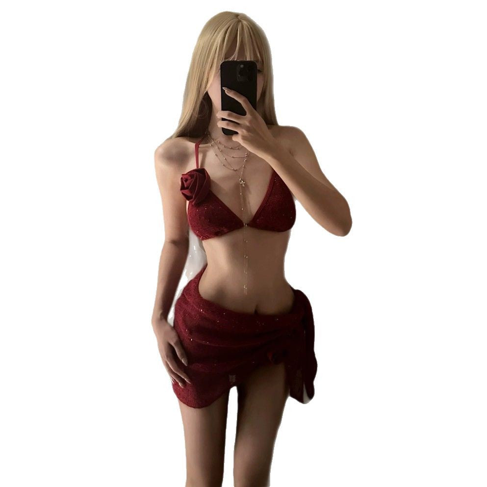 Pure Desire Style Wine Red Triangle Bag Rose Bikini Three-piece Split Swimsuit Women's Thailand Holiday Beach Swimming